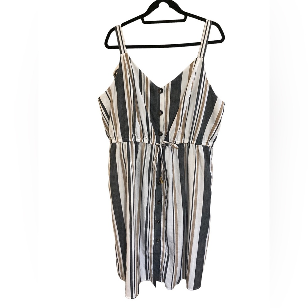 Indulge Striped Button Up Dress White/Dark Grey/Tan  Size 3X
